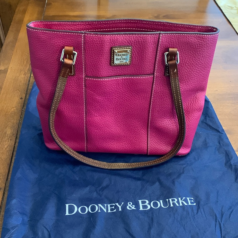 Dooney & Bourke Hot Pink Pebble Leather Tote with Brown Handles